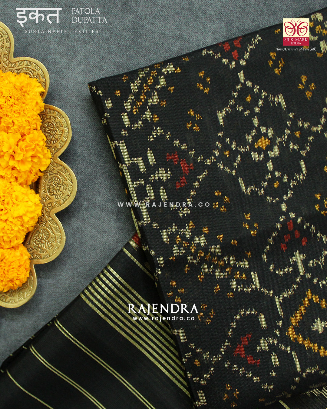 Traditional Manekchowk Design Black Single Ikat Rajkot Patola Dupatta