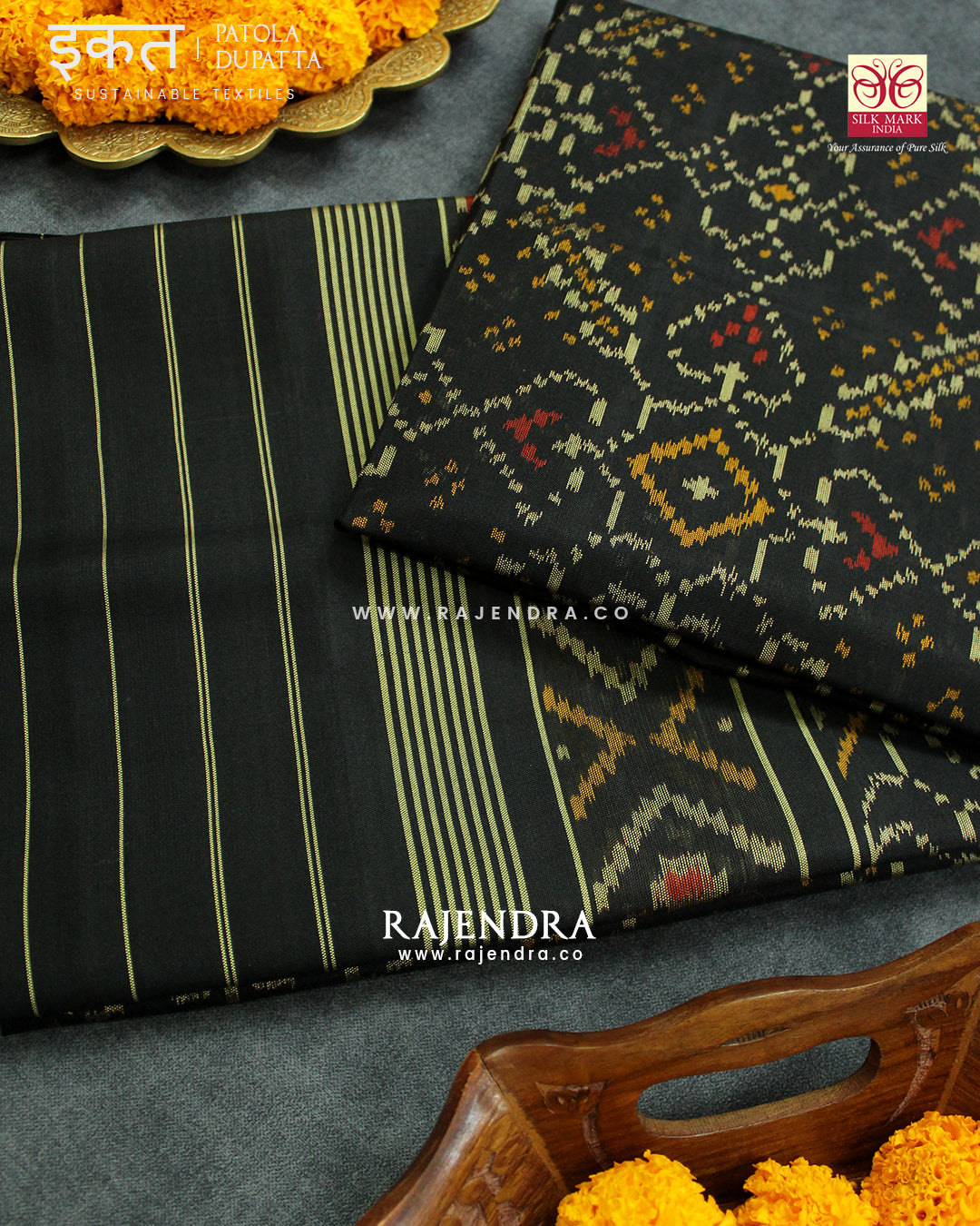 Traditional Manekchowk Design Black Single Ikat Rajkot Patola Dupatta