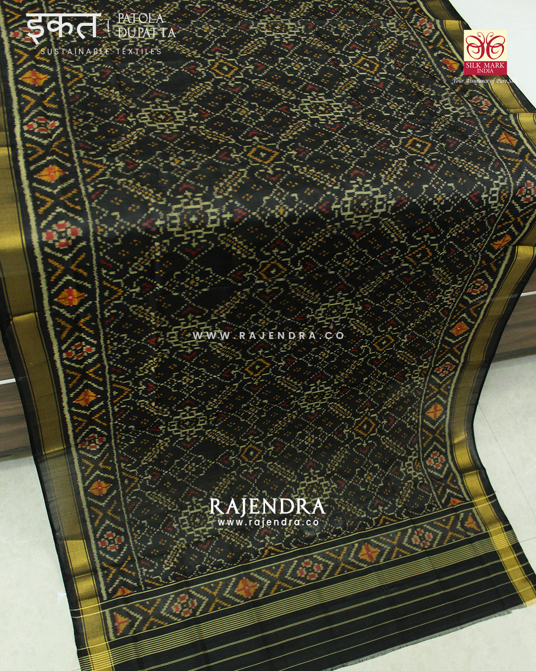 Traditional Manekchowk Design Black Single Ikat Rajkot Patola Dupatta