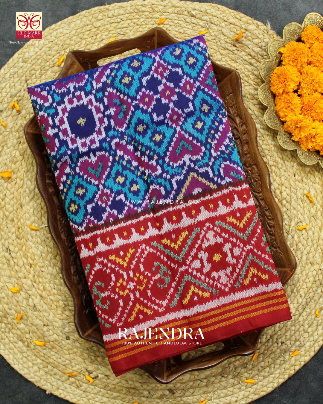 Traditional Manekchowk Design Red and Light Blue Ikat Rajkot Patola Saree