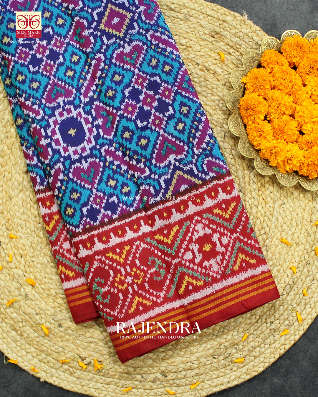 Traditional Manekchowk Design Red and Light Blue Ikat Rajkot Patola Saree