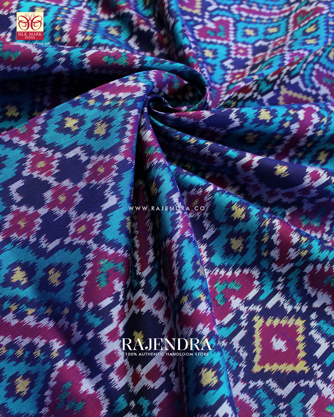 Traditional Manekchowk Design Red and Light Blue Ikat Rajkot Patola Saree