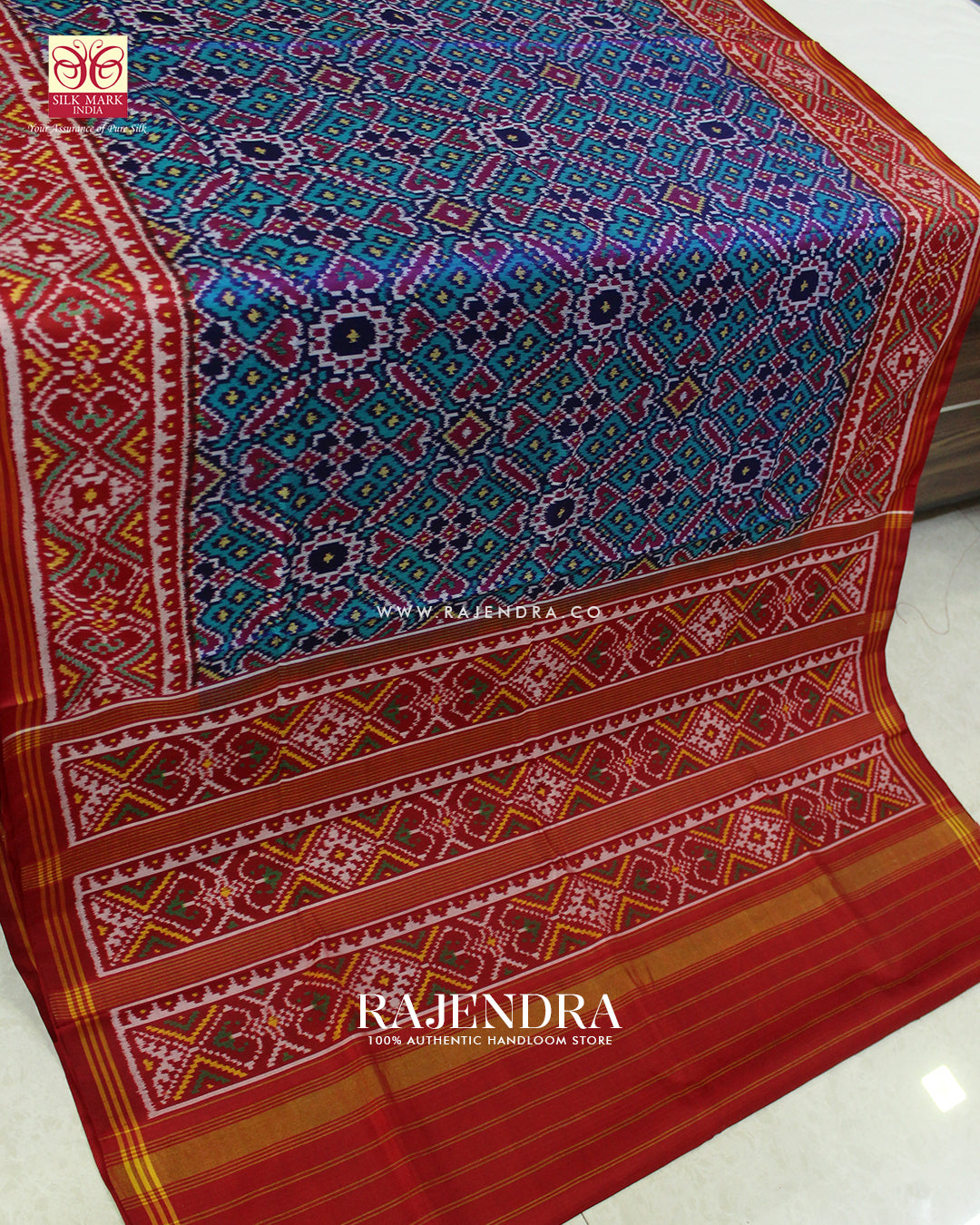Traditional Manekchowk Design Red and Light Blue Ikat Rajkot Patola Saree