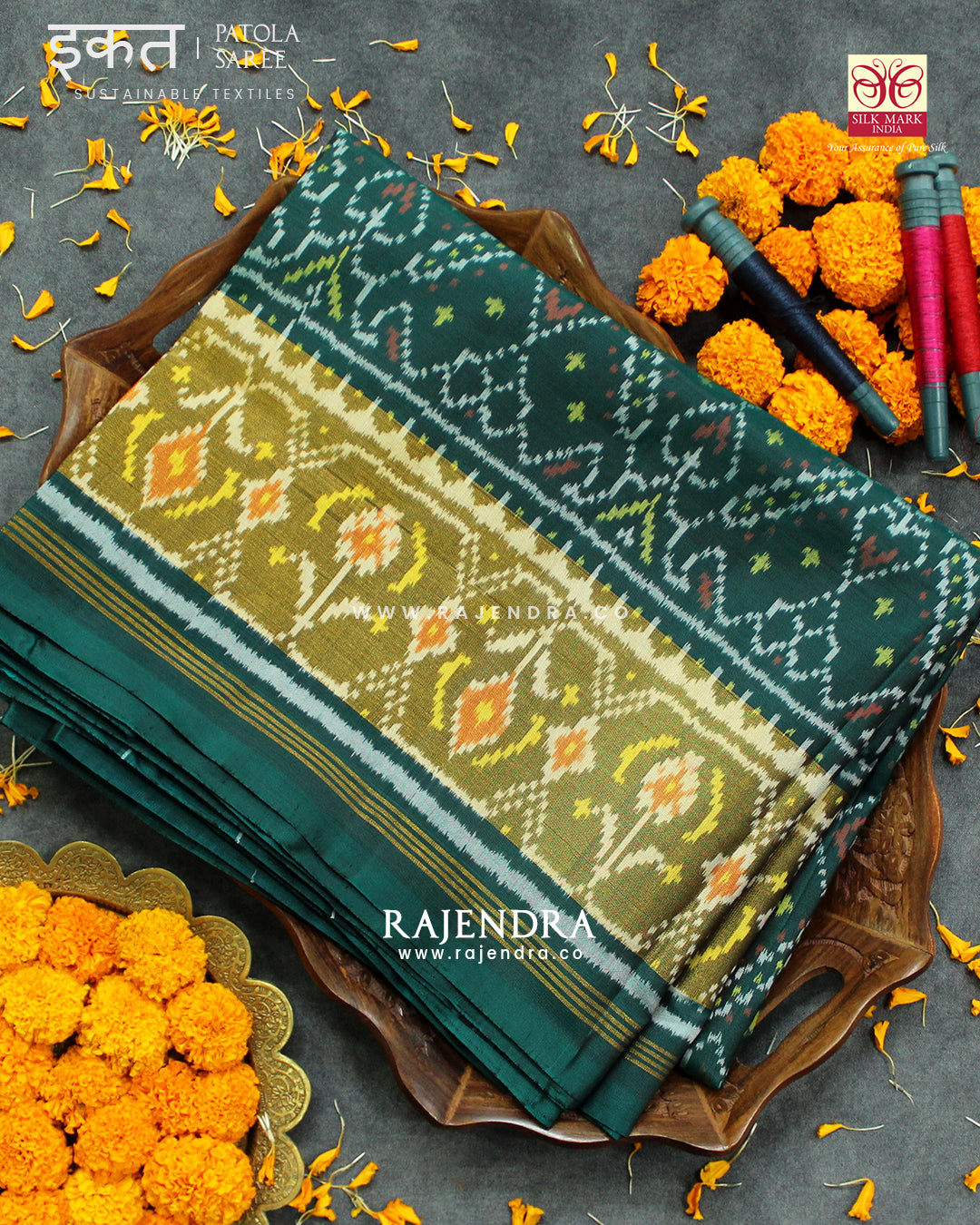 Traditional Manekchowk Rama Green Single Ikat Rajkot Patola Saree