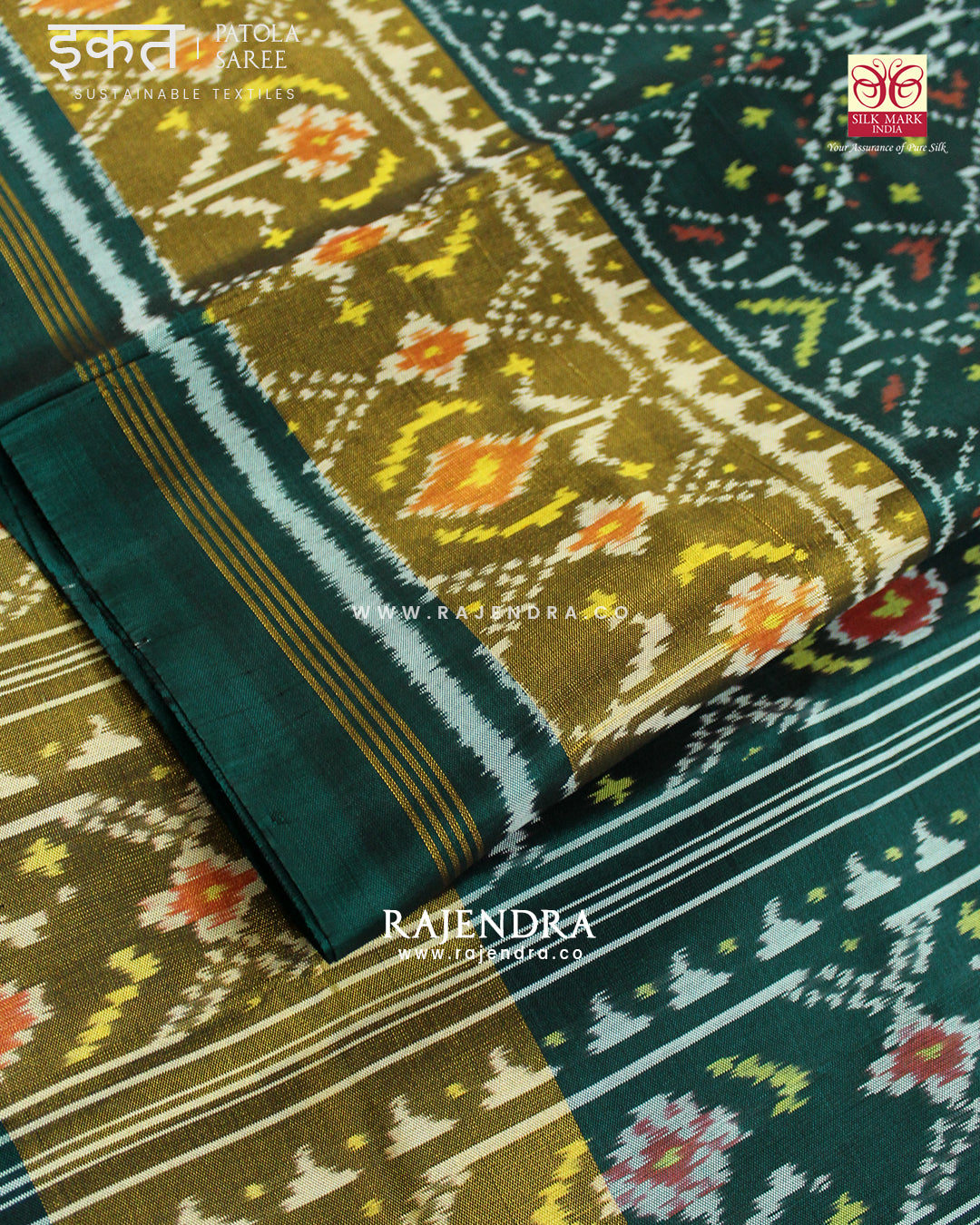 Traditional Manekchowk Rama Green Single Ikat Rajkot Patola Saree