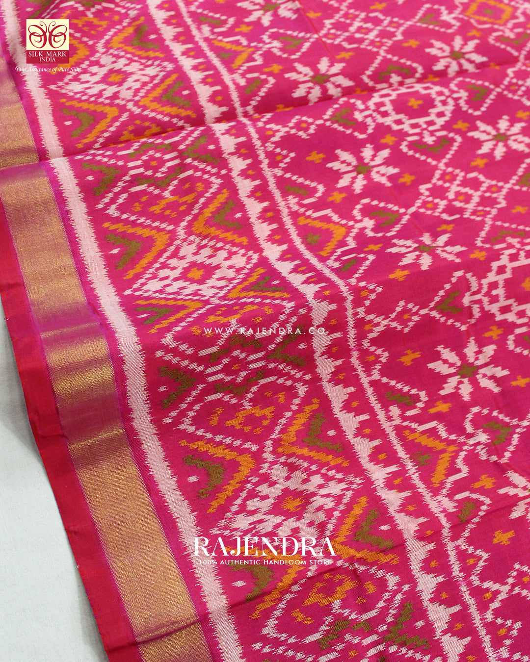 Traditional Navratna Manekchowk Mix Design Peach Pink Single Ikat Rajkot Patola Saree