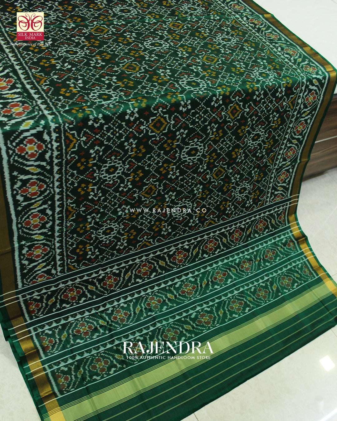 Traditional Manekchowk Navratna Mix Design Green Single Ikat Rajkot Patola Saree