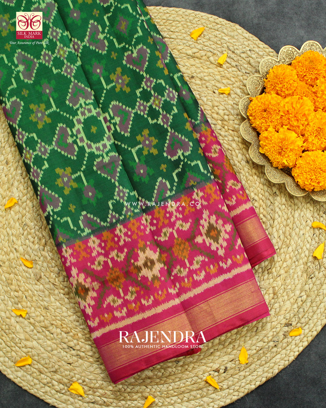 Traditional Manekchowk Navratna Pink Green Single Ikat Rajkot Patola Saree
