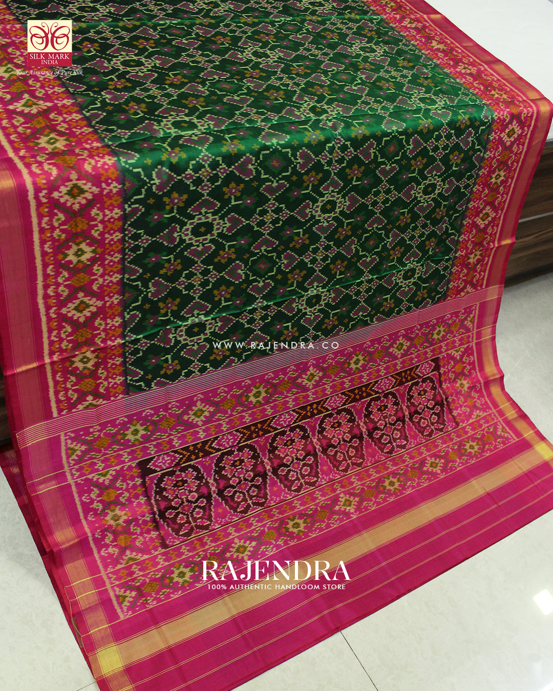 Traditional Manekchowk Navratna Pink Green Single Ikat Rajkot Patola Saree