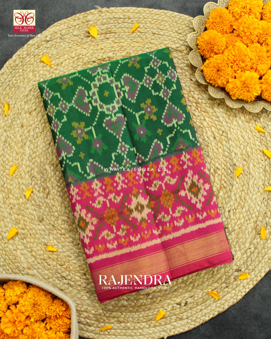 Traditional Manekchowk Navratna Pink Green Single Ikat Rajkot Patola Saree