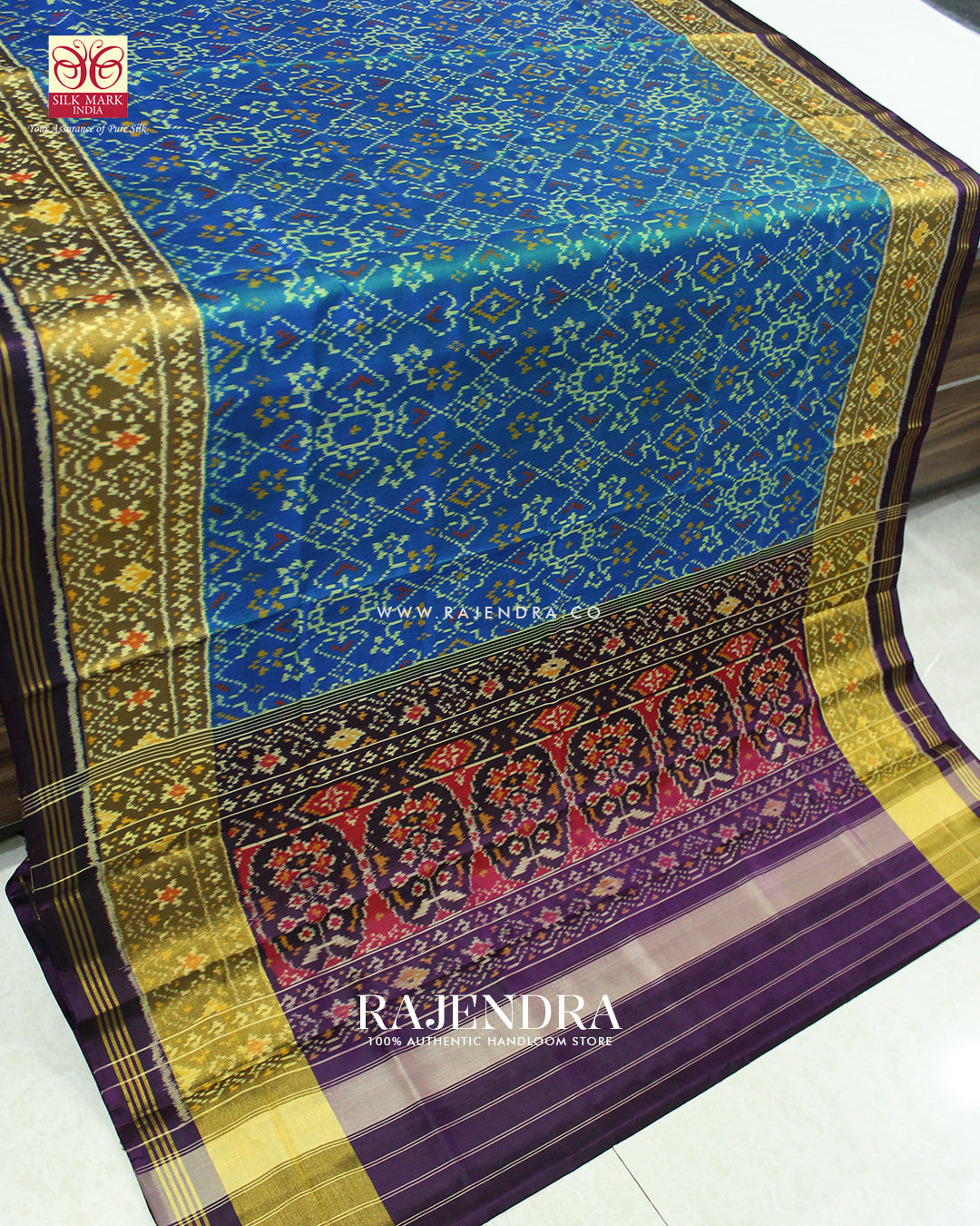 Traditional Navratna Design Purple and Blue Single Ikat Rajkot Patola Saree