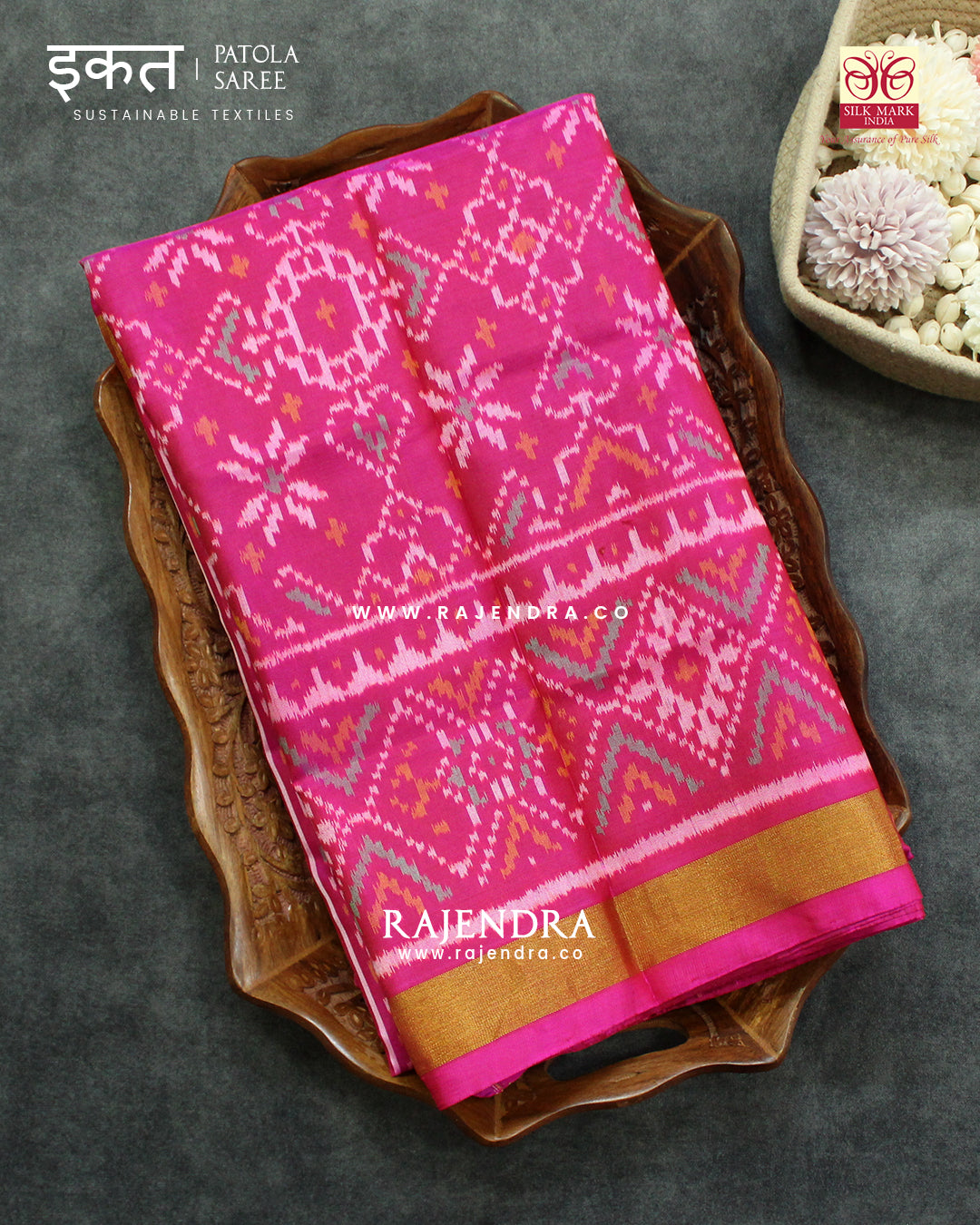 Traditional Navratna Manekchowk Mix Design Pink Single Ikat Rajkot Patola Saree