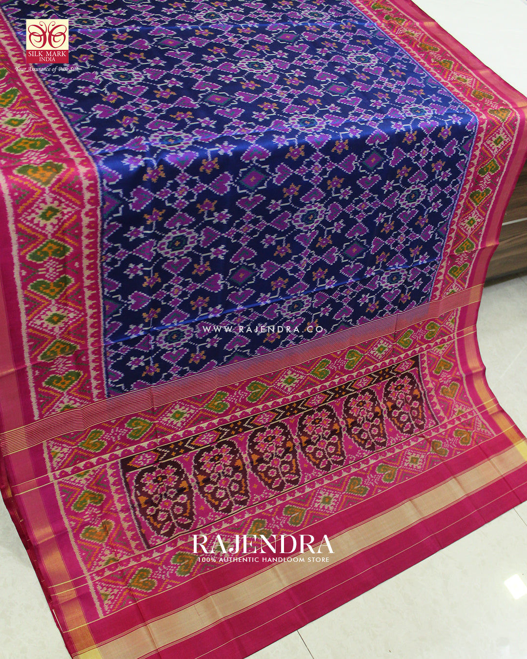 Traditional Navratna Manekchowk Mix Design Pink Blue Ikat Rajkot Patola Saree