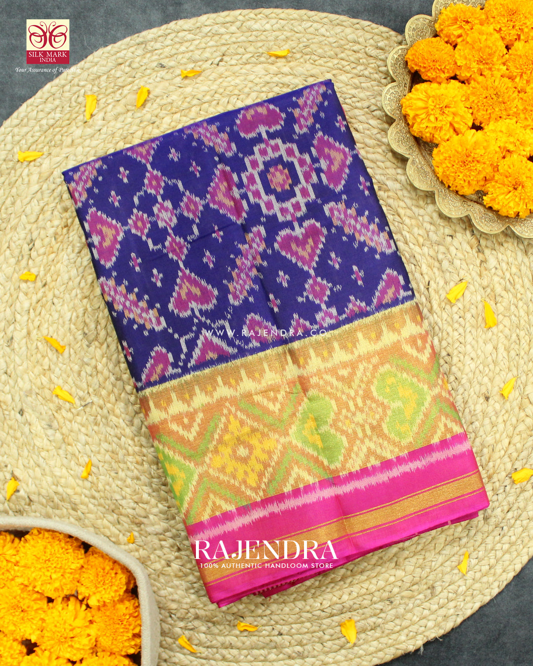 Traditional Manekchowk Design Pink and Blue Single Ikat Rajkot Patola Saree