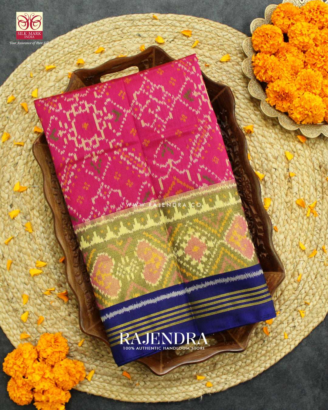 Traditional Manekchowk Design Pink and Blue Single Ikat Rajkot Patola Saree