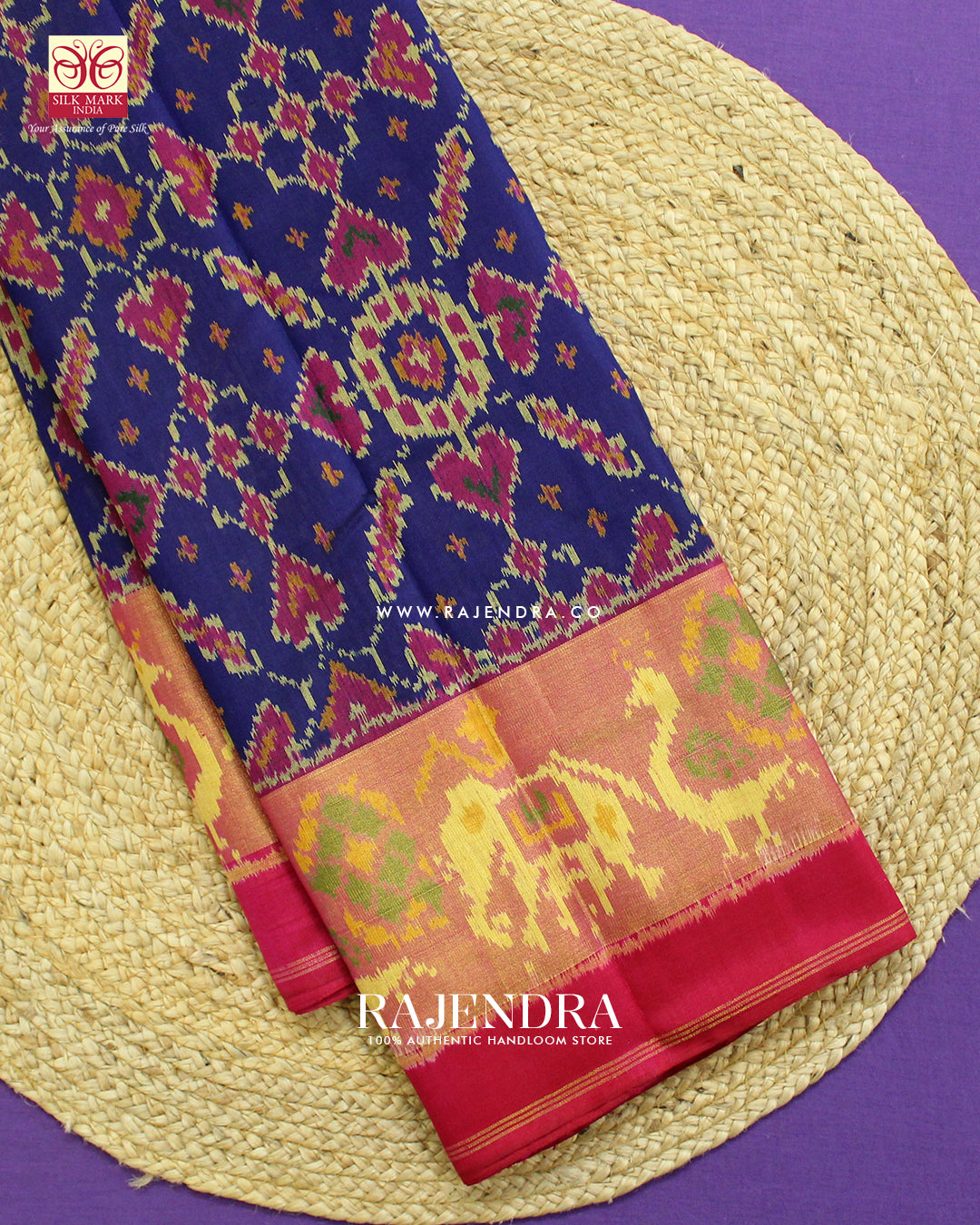 Traditional Manekchowk Design Pink and Blue Single Ikat Rajkot Patola Saree