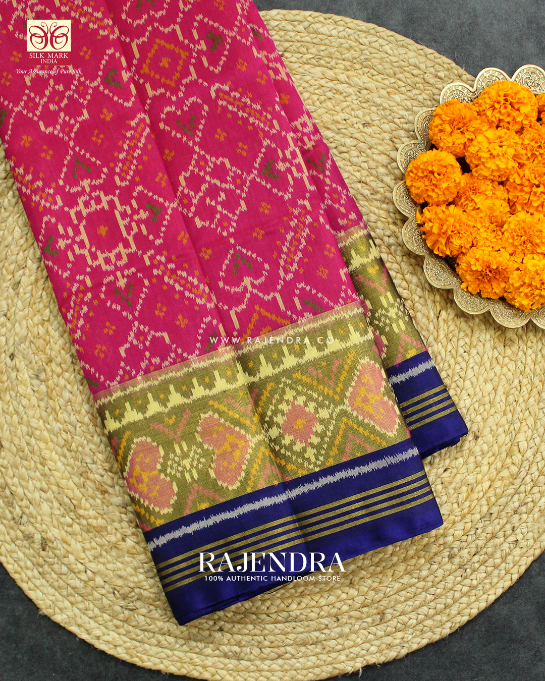 Traditional Manekchowk Design Pink and Blue Single Ikat Rajkot Patola Saree