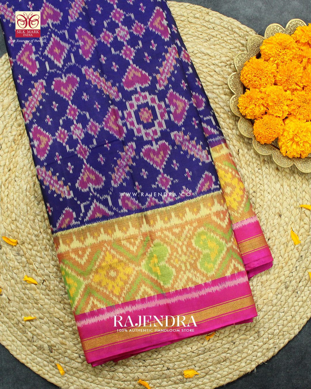 Traditional Manekchowk Design Pink and Blue Single Ikat Rajkot Patola Saree