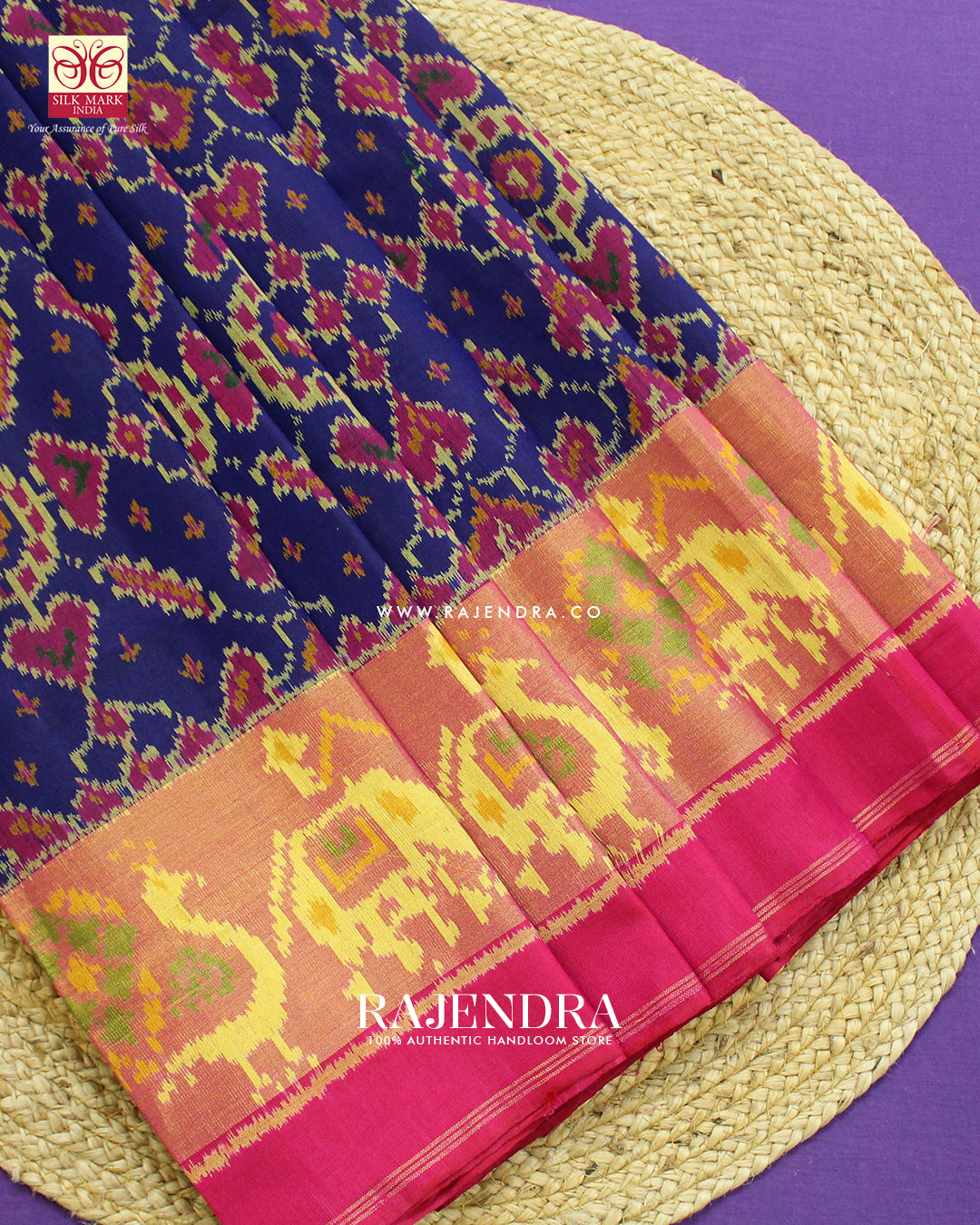 Traditional Manekchowk Design Pink and Blue Single Ikat Rajkot Patola Saree