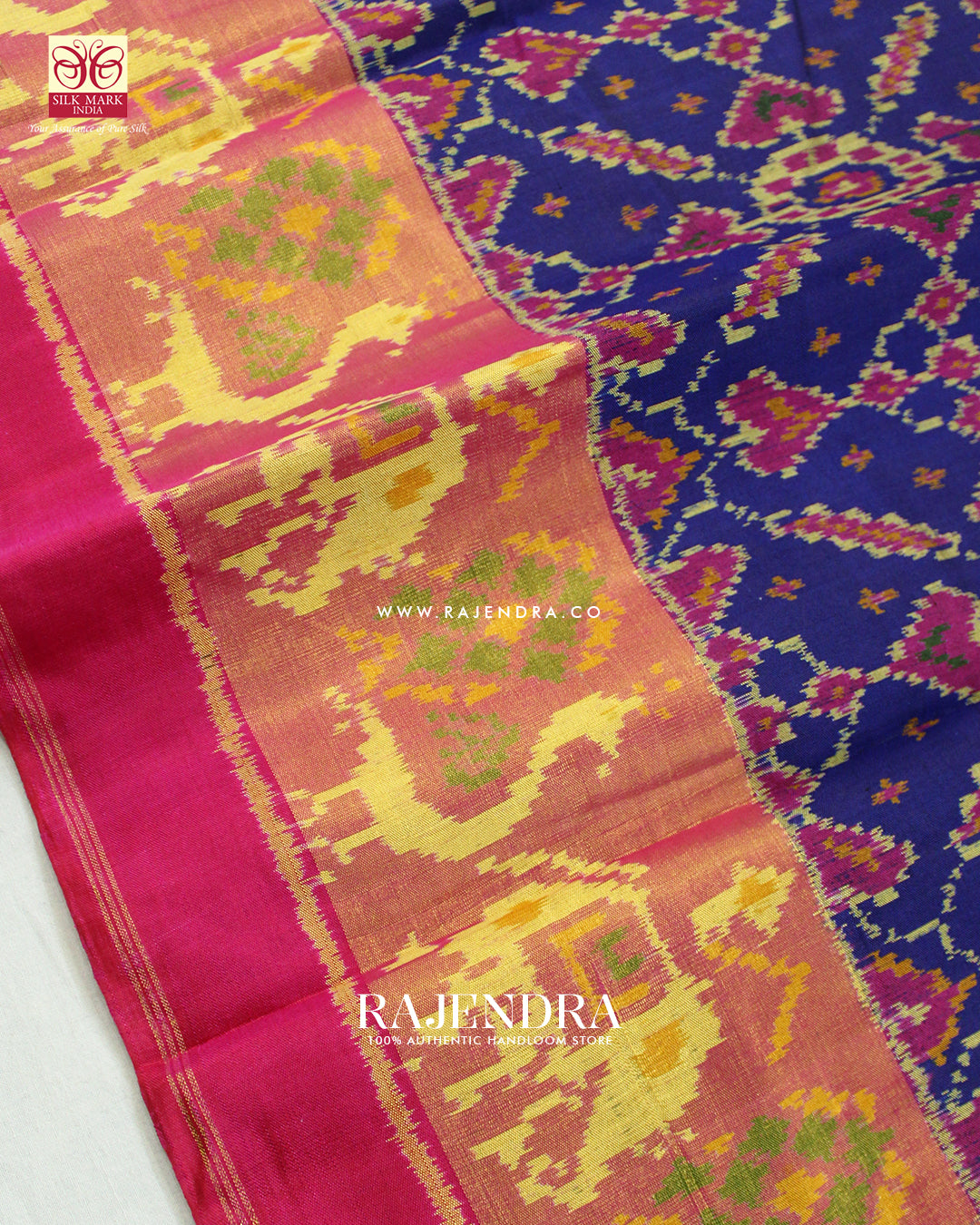 Traditional Manekchowk Design Pink and Blue Single Ikat Rajkot Patola Saree