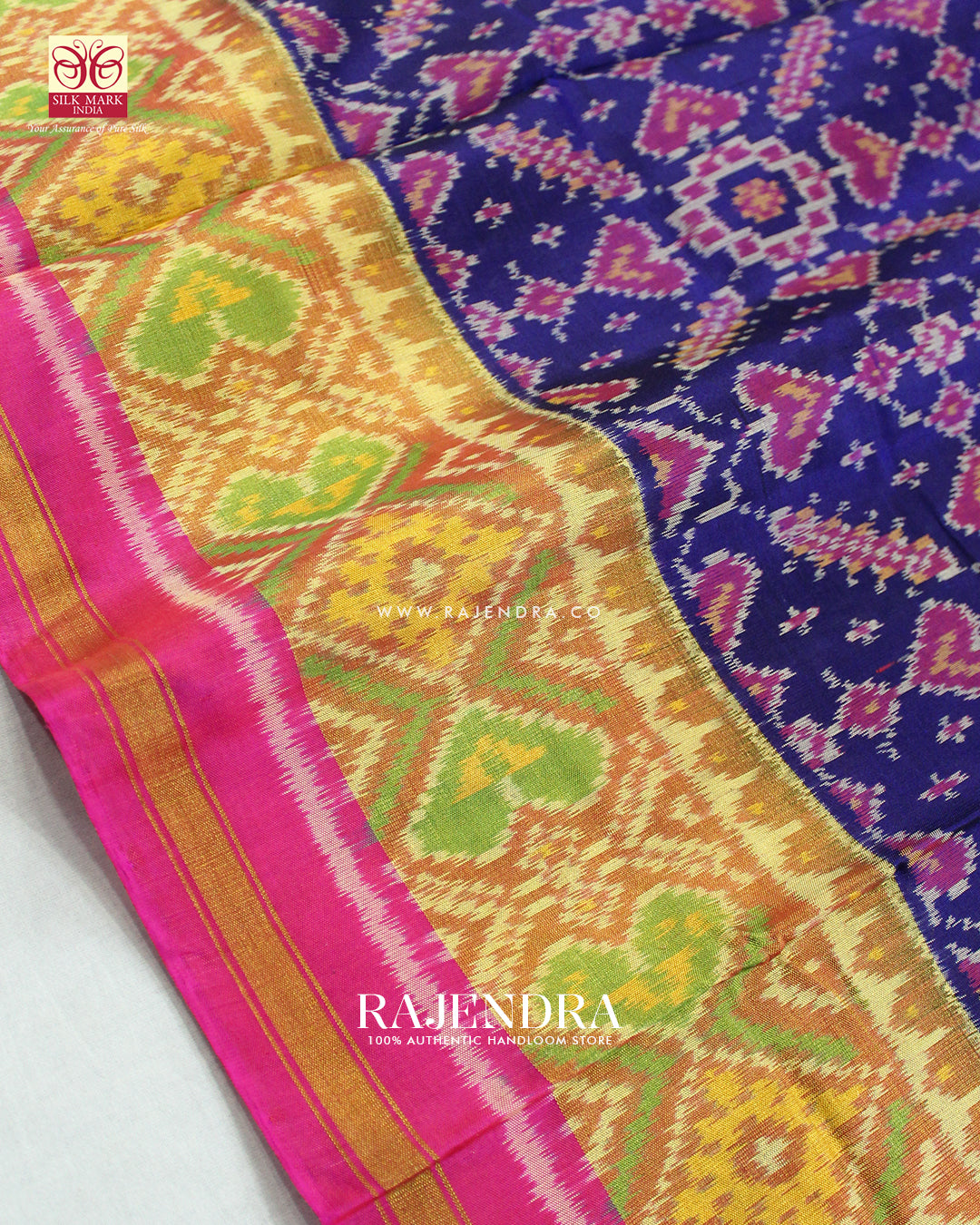 Traditional Manekchowk Design Pink and Blue Single Ikat Rajkot Patola Saree