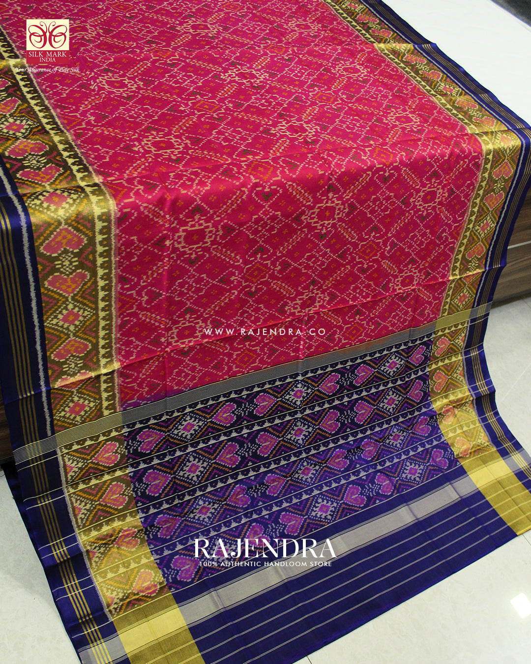 Traditional Manekchowk Design Pink and Blue Single Ikat Rajkot Patola Saree