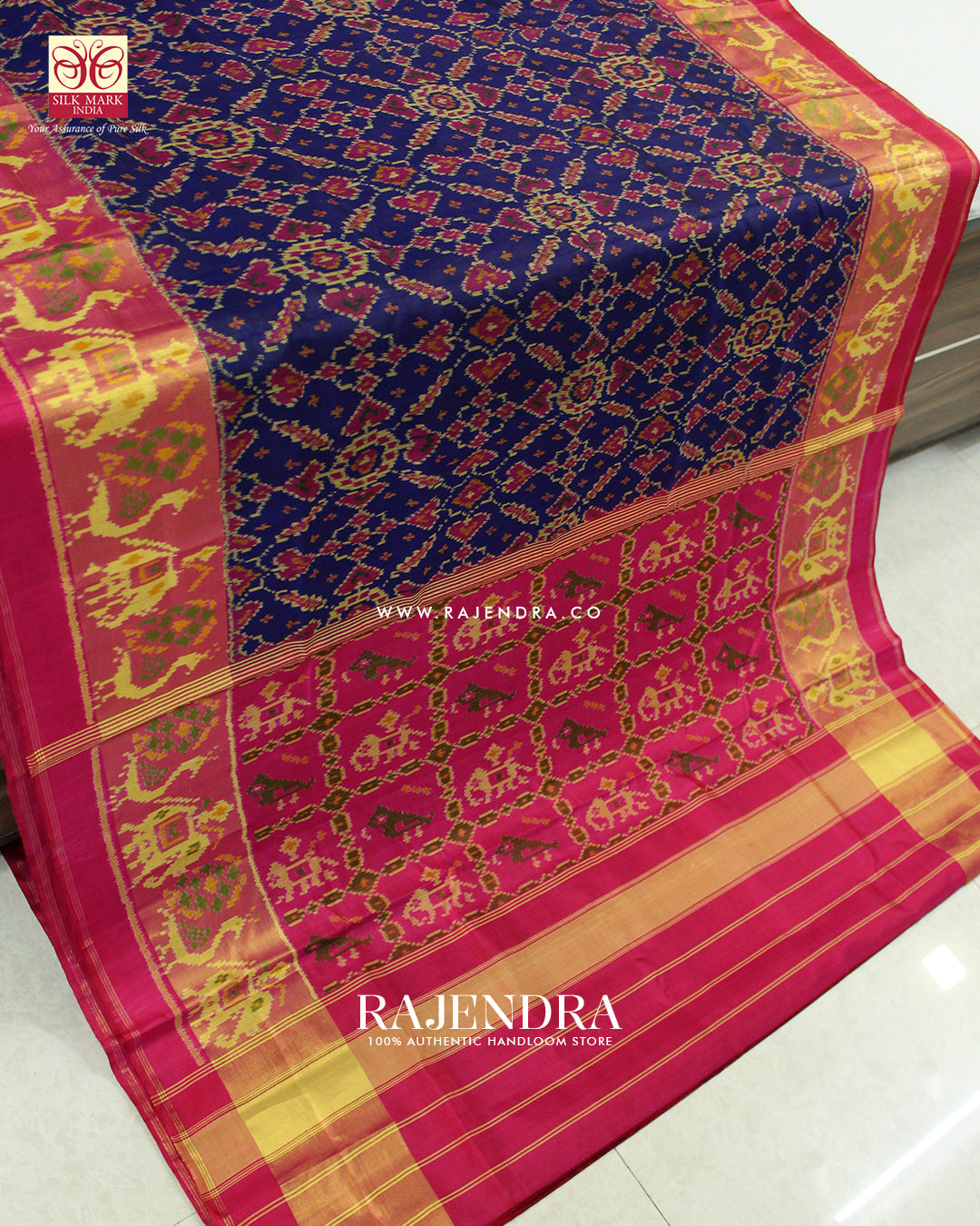 Traditional Manekchowk Design Pink and Blue Single Ikat Rajkot Patola Saree
