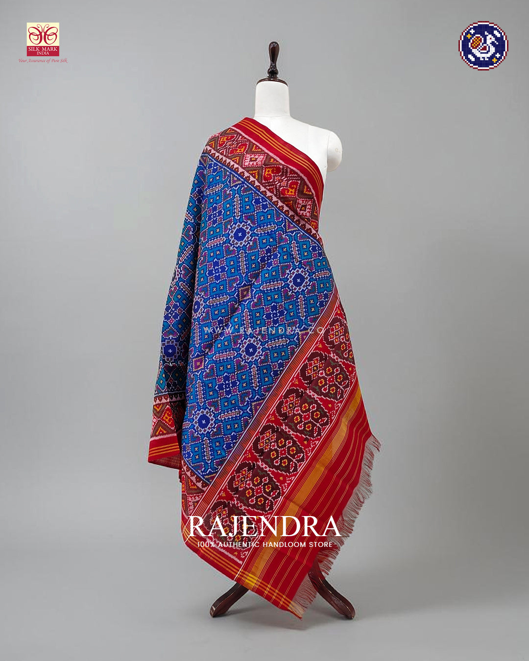 Traditional Manekchowk Design Red and Blue Ikat Rajkot Patola Dupatta