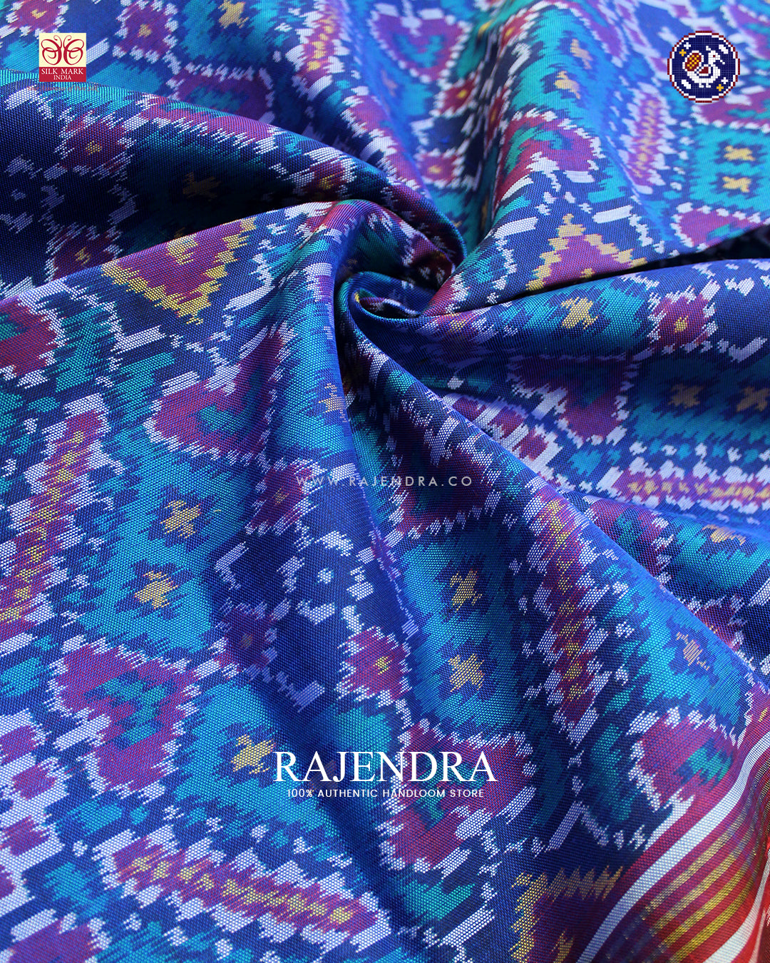 Traditional Manekchowk Design Red and Blue Ikat Rajkot Patola Dupatta