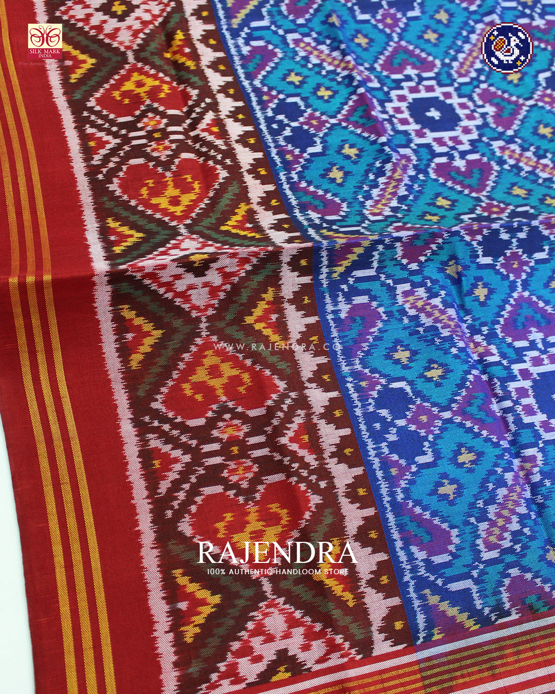 Traditional Manekchowk Design Red and Blue Ikat Rajkot Patola Dupatta