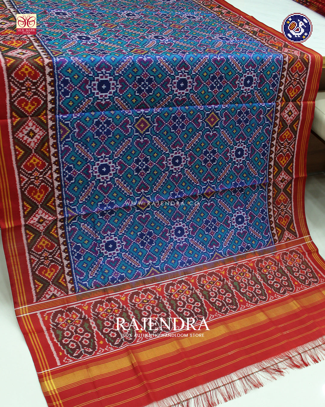 Traditional Manekchowk Design Red and Blue Ikat Rajkot Patola Dupatta