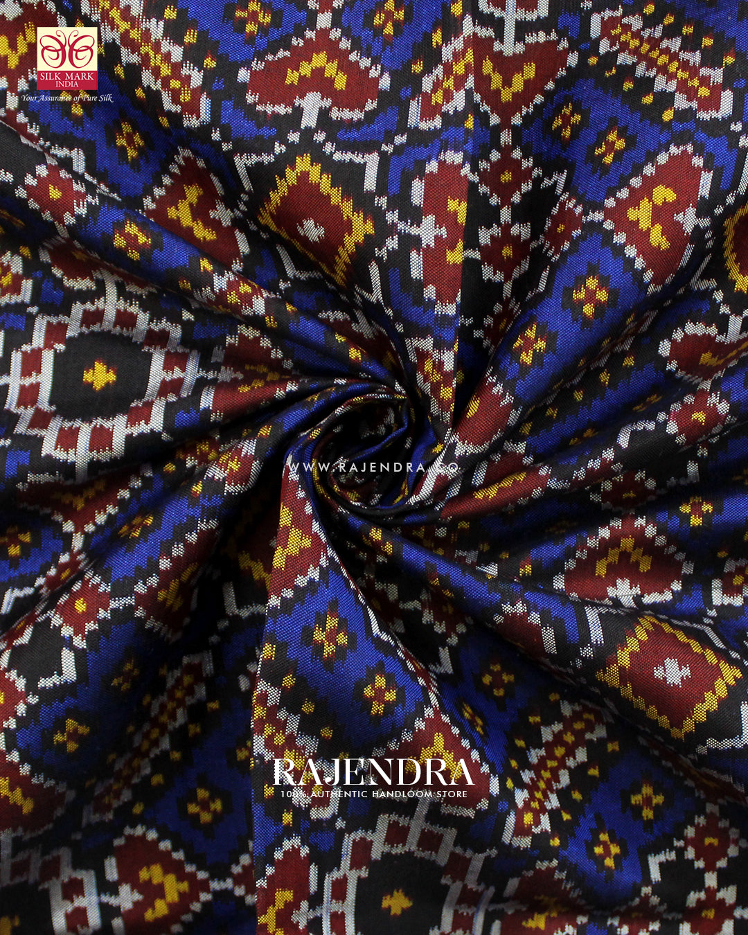 Traditional Manekchowk Design Red and Blue Ikat Rajkot Patola Saree