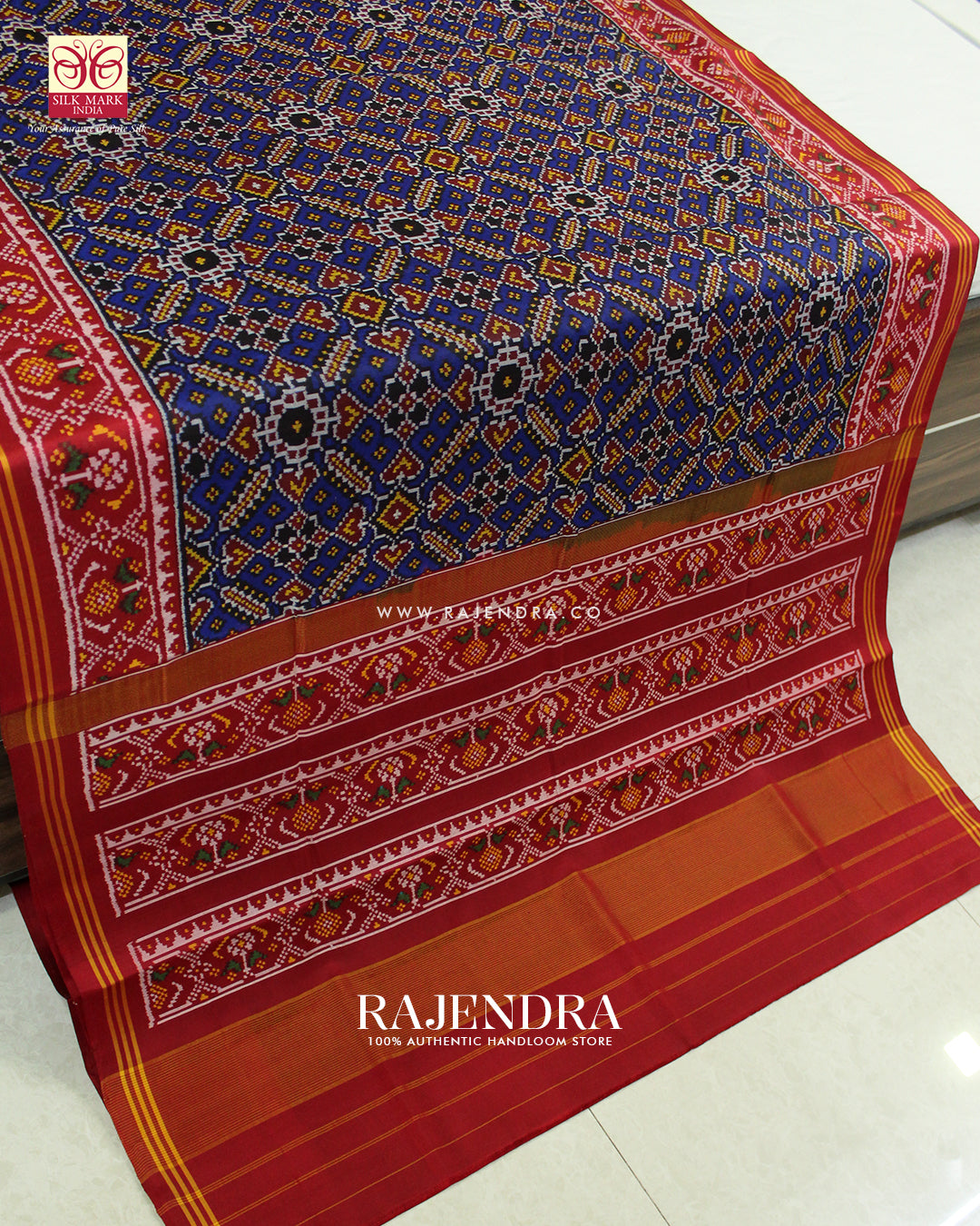 Traditional Manekchowk Design Red and Blue Ikat Rajkot Patola Saree