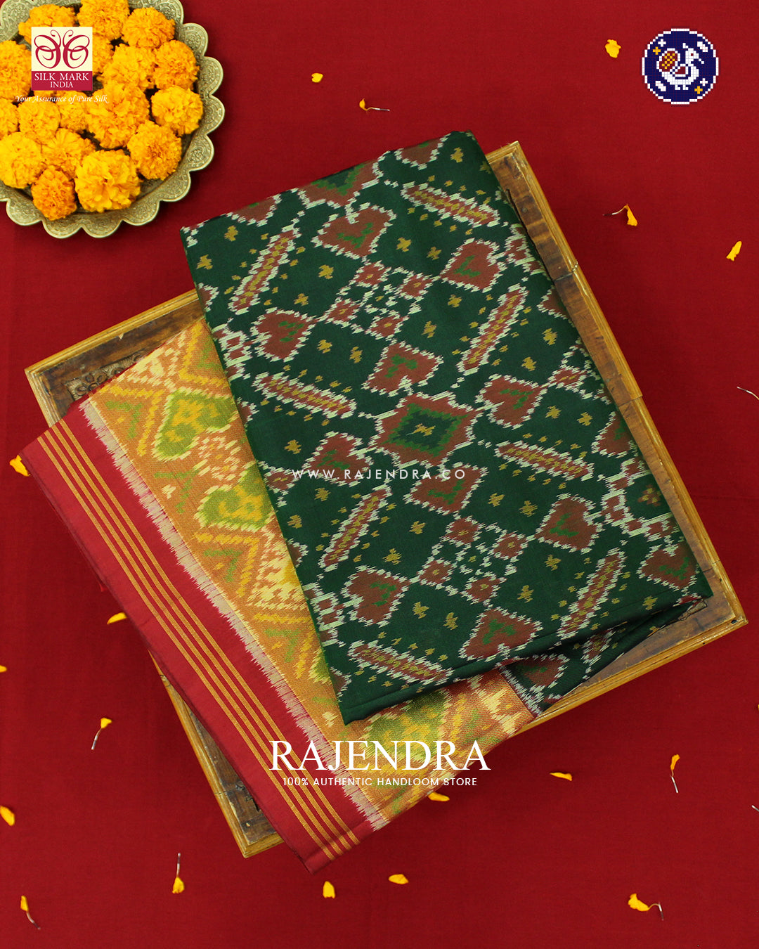 Traditional Manekchowk Design Red and Green Rajkot Patola Saree