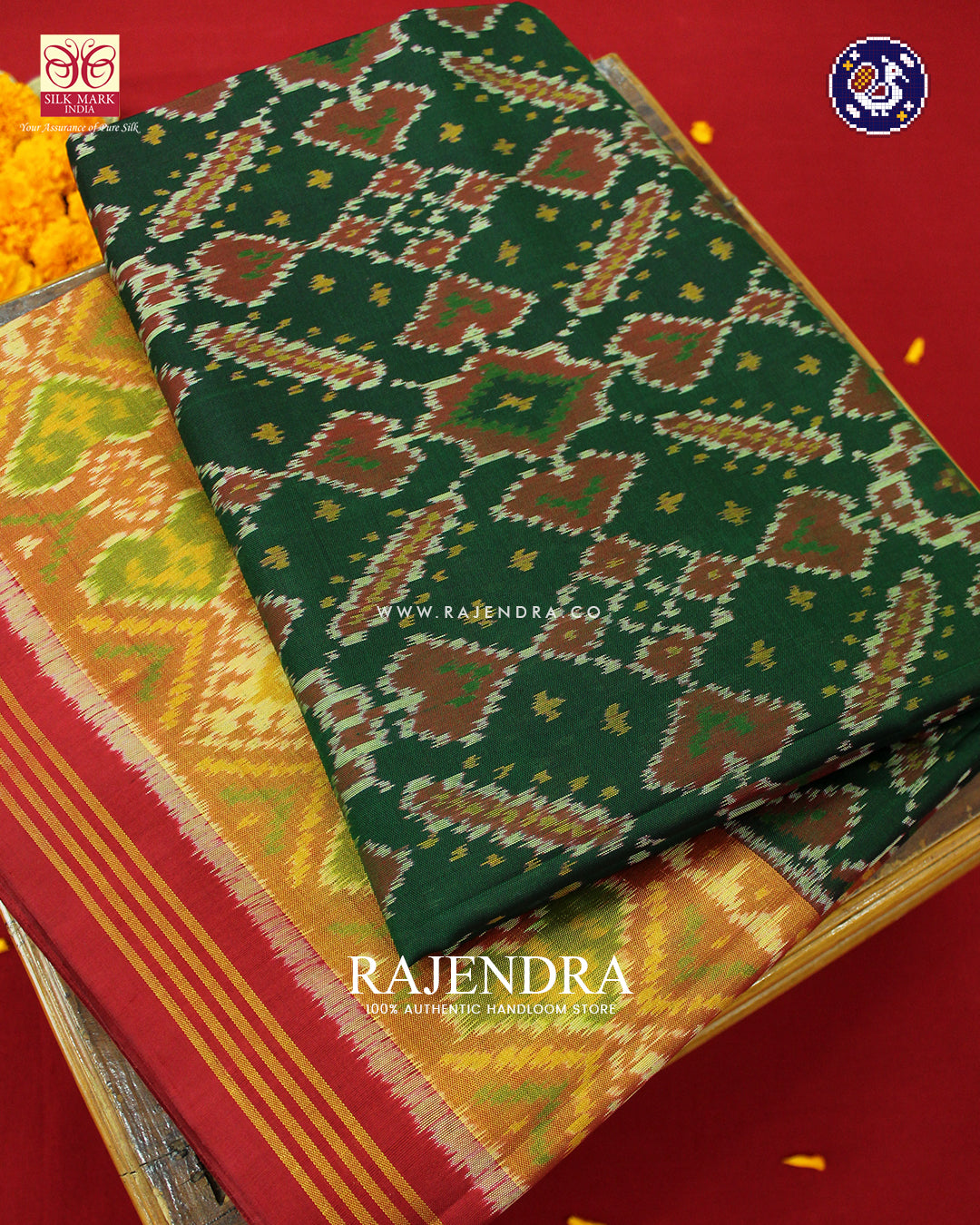 Traditional Manekchowk Design Red and Green Rajkot Patola Saree