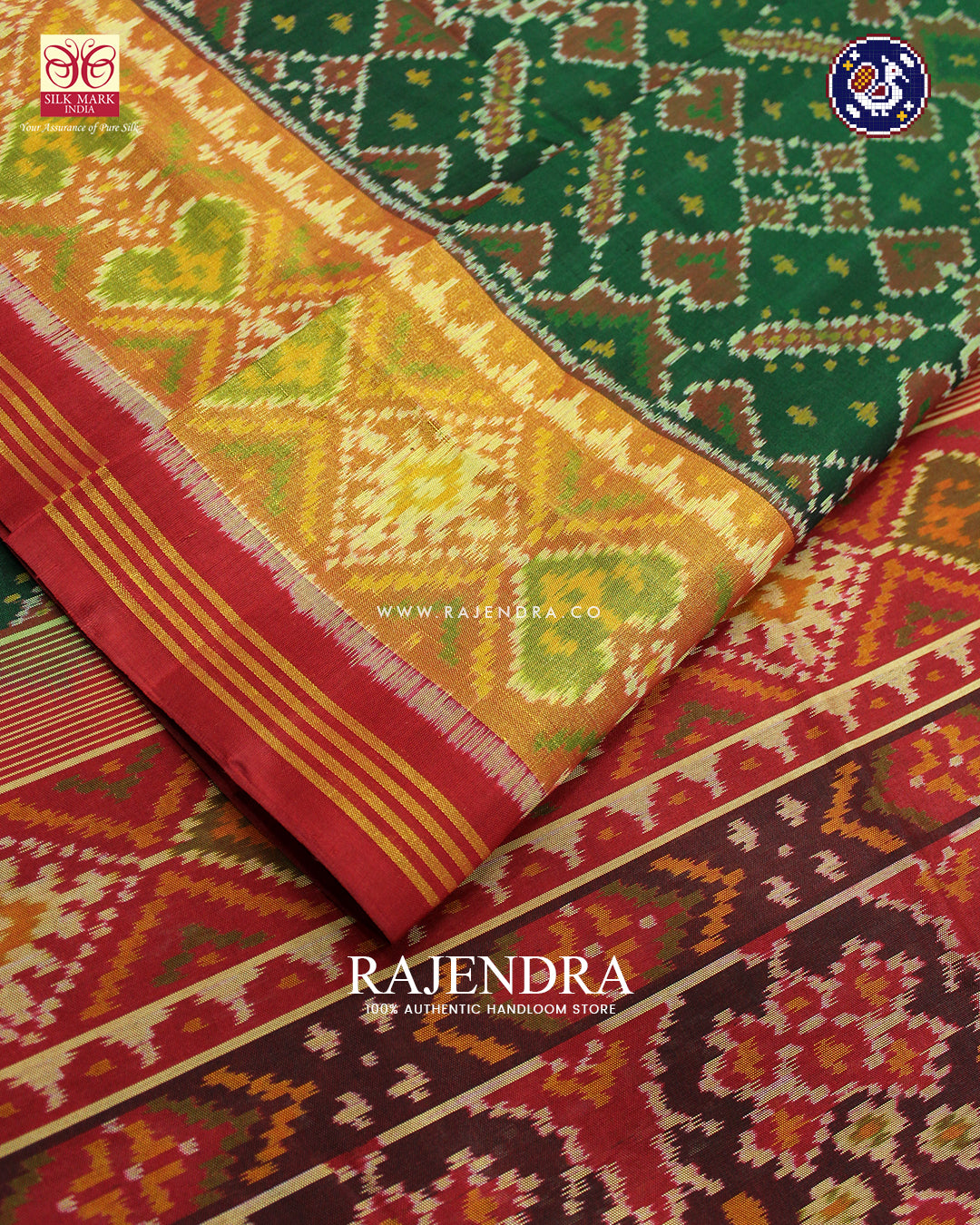 Traditional Manekchowk Design Red and Green Rajkot Patola Saree