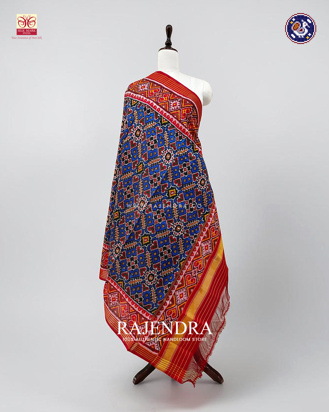 Traditional Manekchowk Design Red and Blue Ikat Rajkot Patola Dupatta