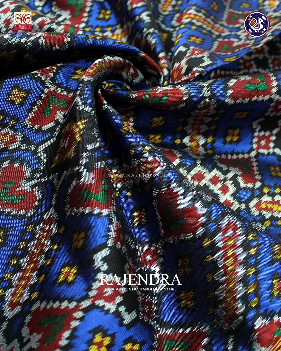 Traditional Manekchowk Design Red and Blue Ikat Rajkot Patola Dupatta