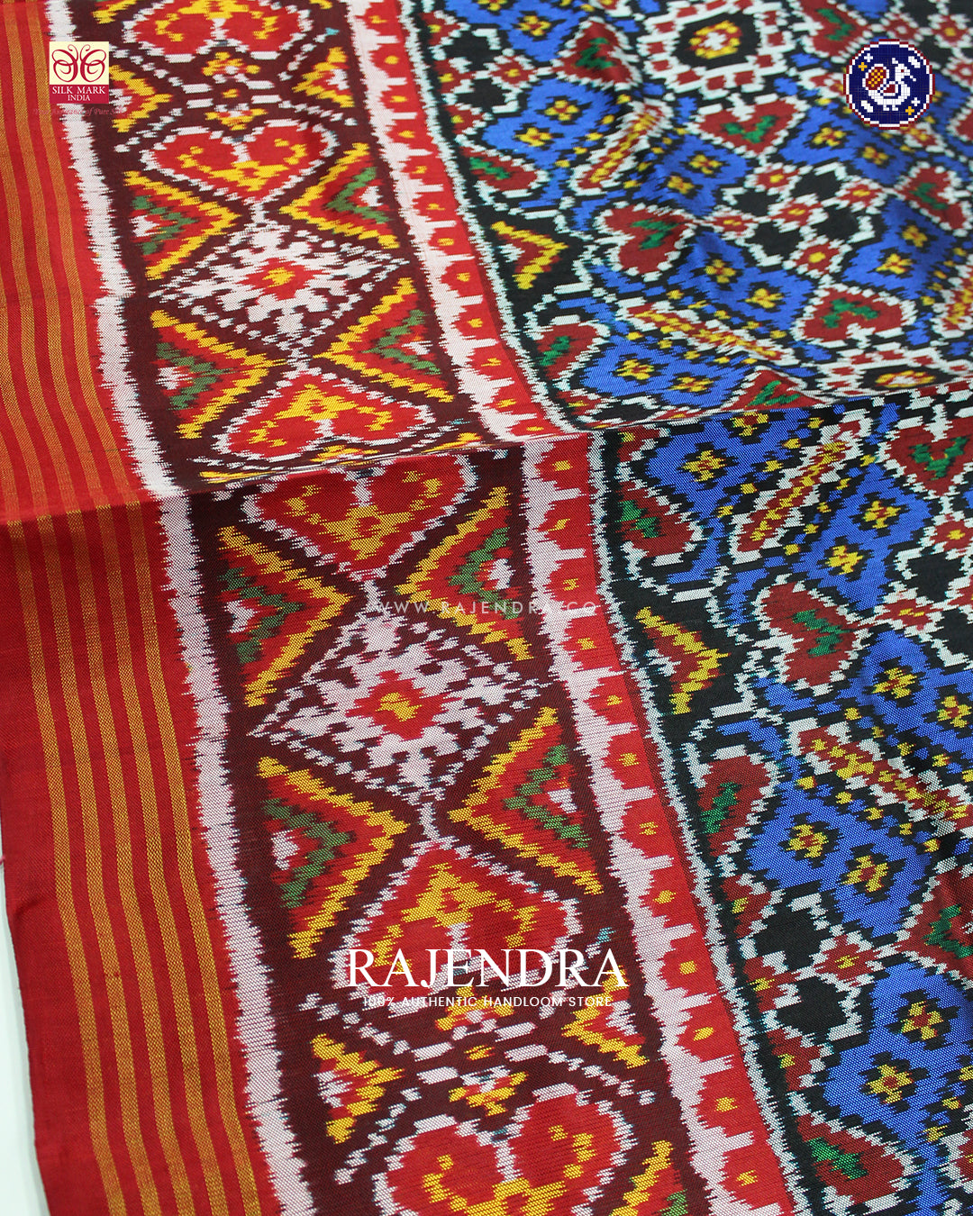 Traditional Manekchowk Design Red and Blue Ikat Rajkot Patola Dupatta