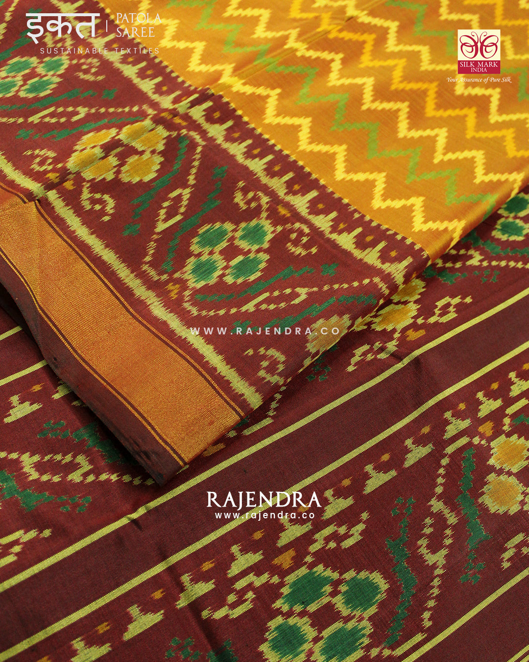 Exclusive Laheriya Design Maroon mustard Single Ikat Rajkot Patola Saree