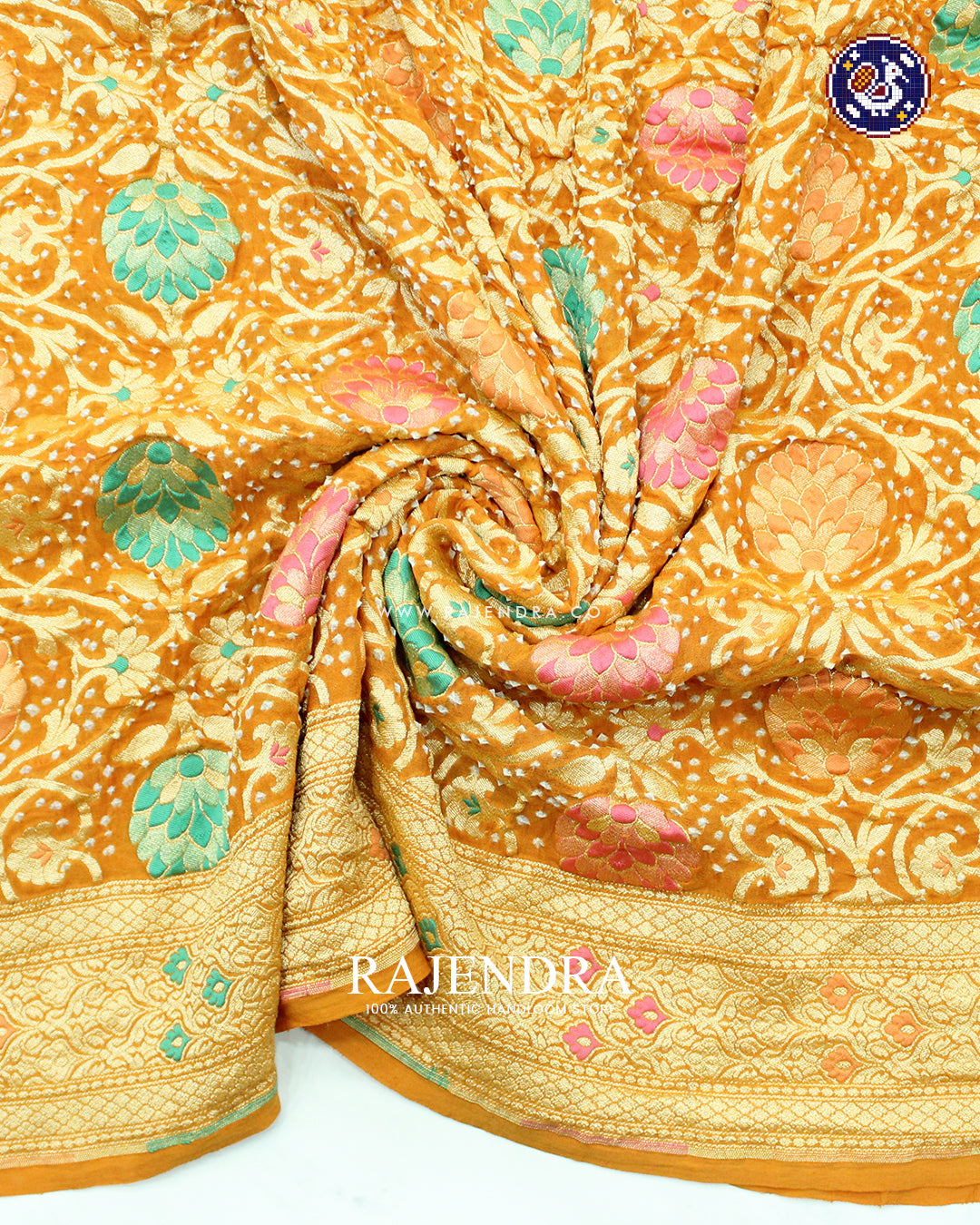 Traditional Meenakari Mustard Yellow Pure Georgette Banarasi Bandhani Saree