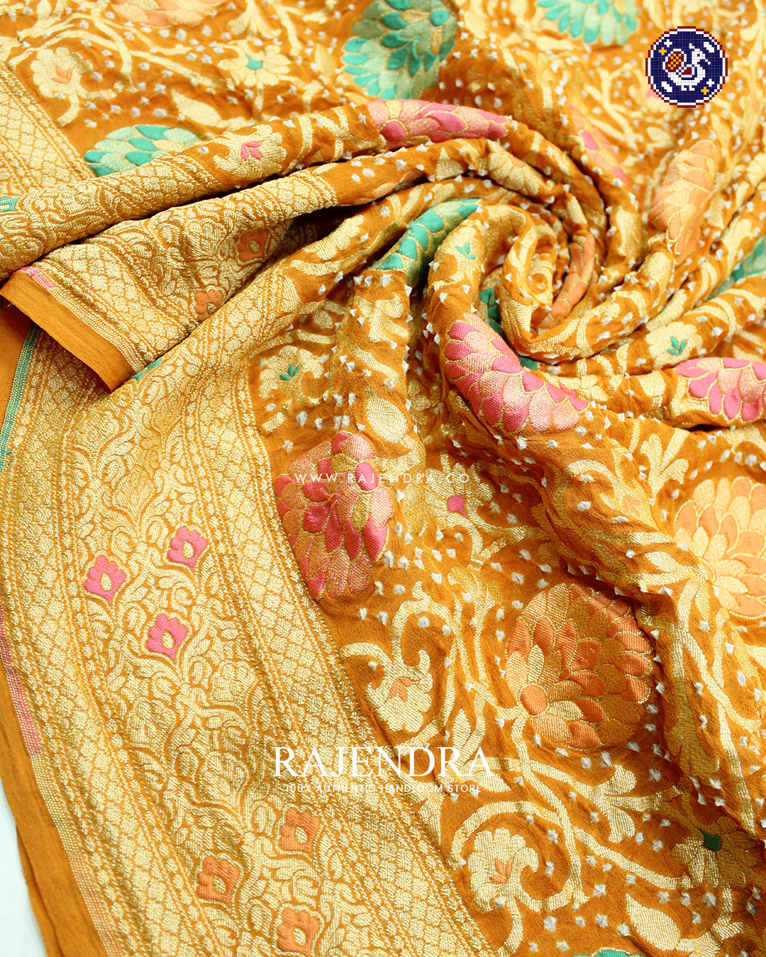 Traditional Meenakari Mustard Yellow Pure Georgette Banarasi Bandhani Saree