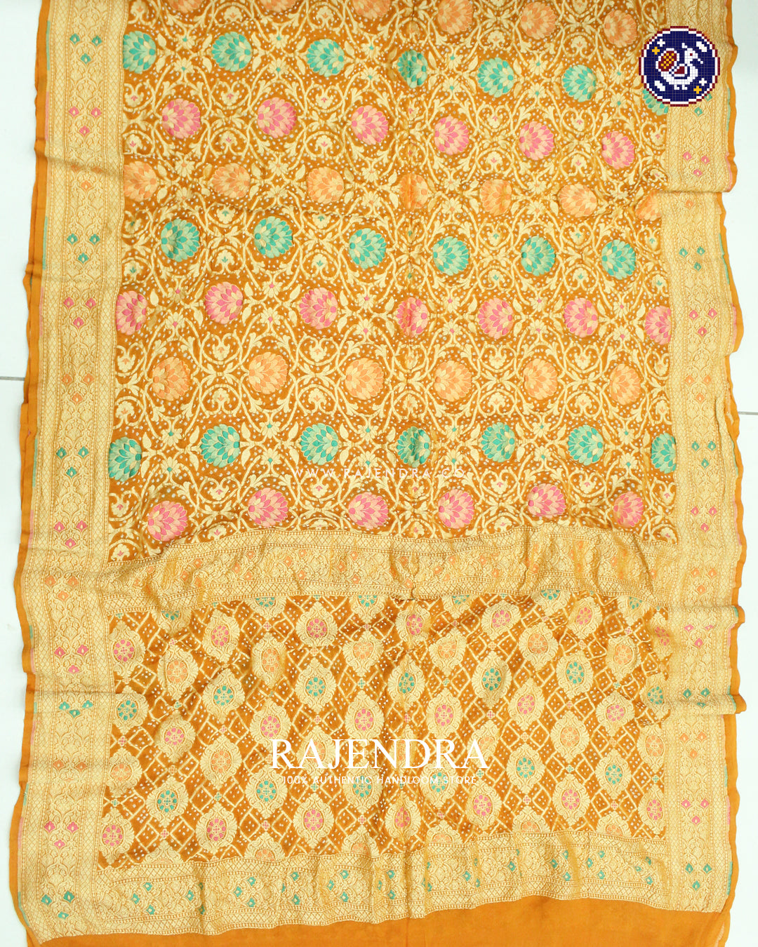 Traditional Meenakari Mustard Yellow Pure Georgette Banarasi Bandhani Saree