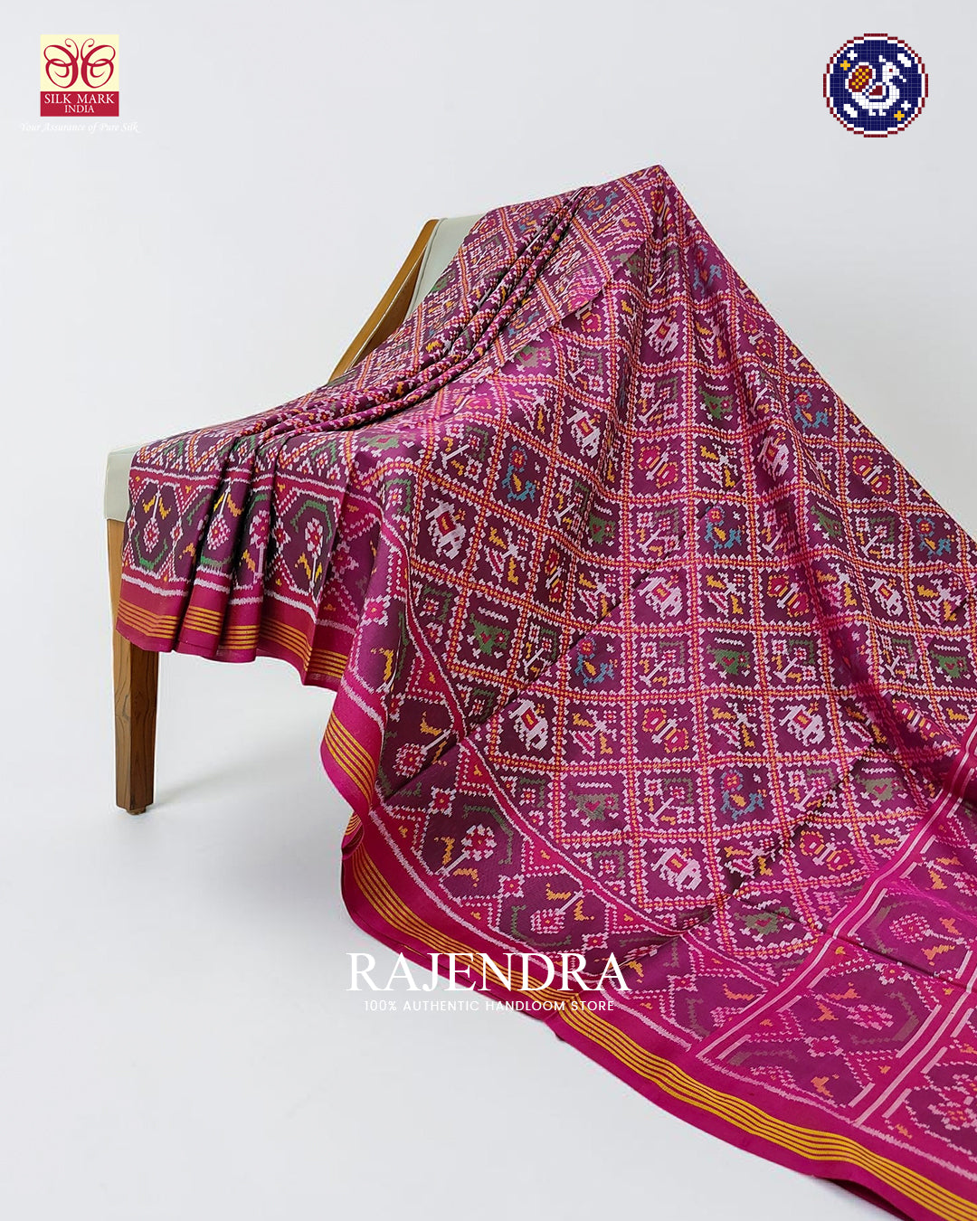Traditional Hathi Popat Bhat Semi Double Weave Rajkot Patola Saree
