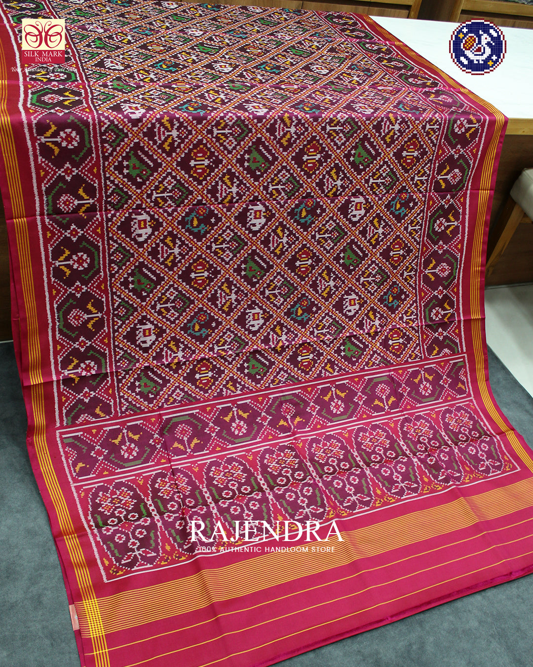 Traditional Hathi Popat Bhat Semi Double Weave Rajkot Patola Saree