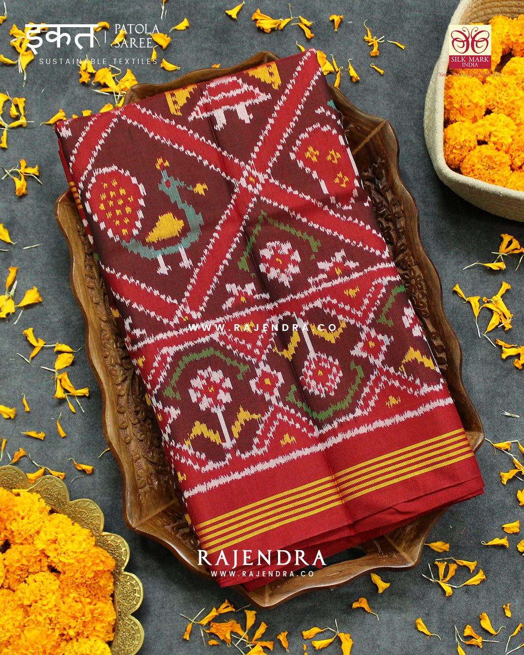 Traditional Nari Kunjar Red and Maroon Semi Double Ikat Rajkot Patola Saree