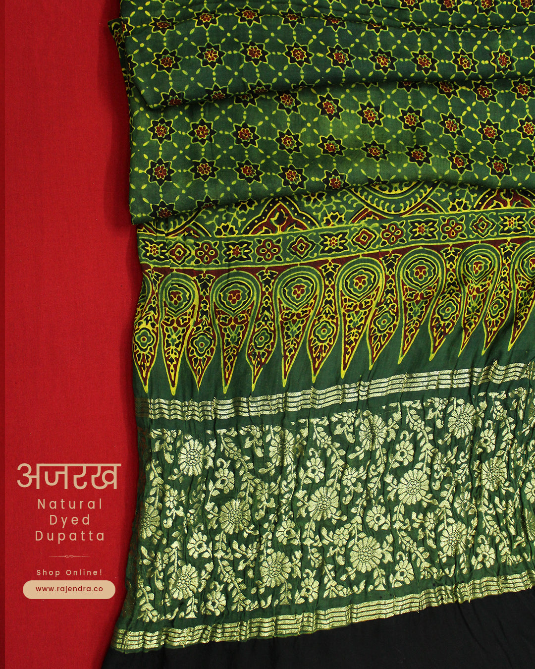 Traditional Green Ajrakh Natural Dyed Modal Silk Dupatta