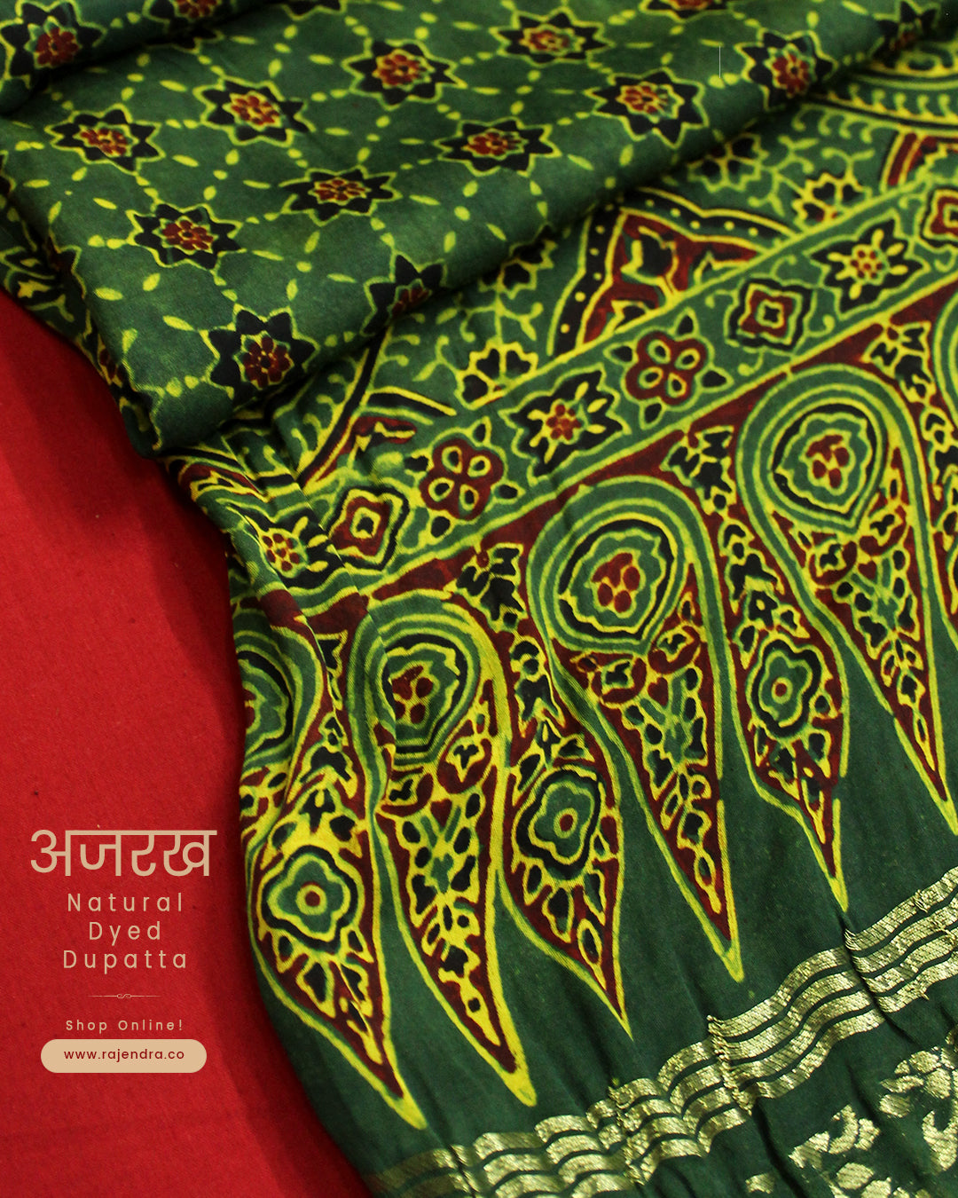 Traditional Green Ajrakh Natural Dyed Modal Silk Dupatta