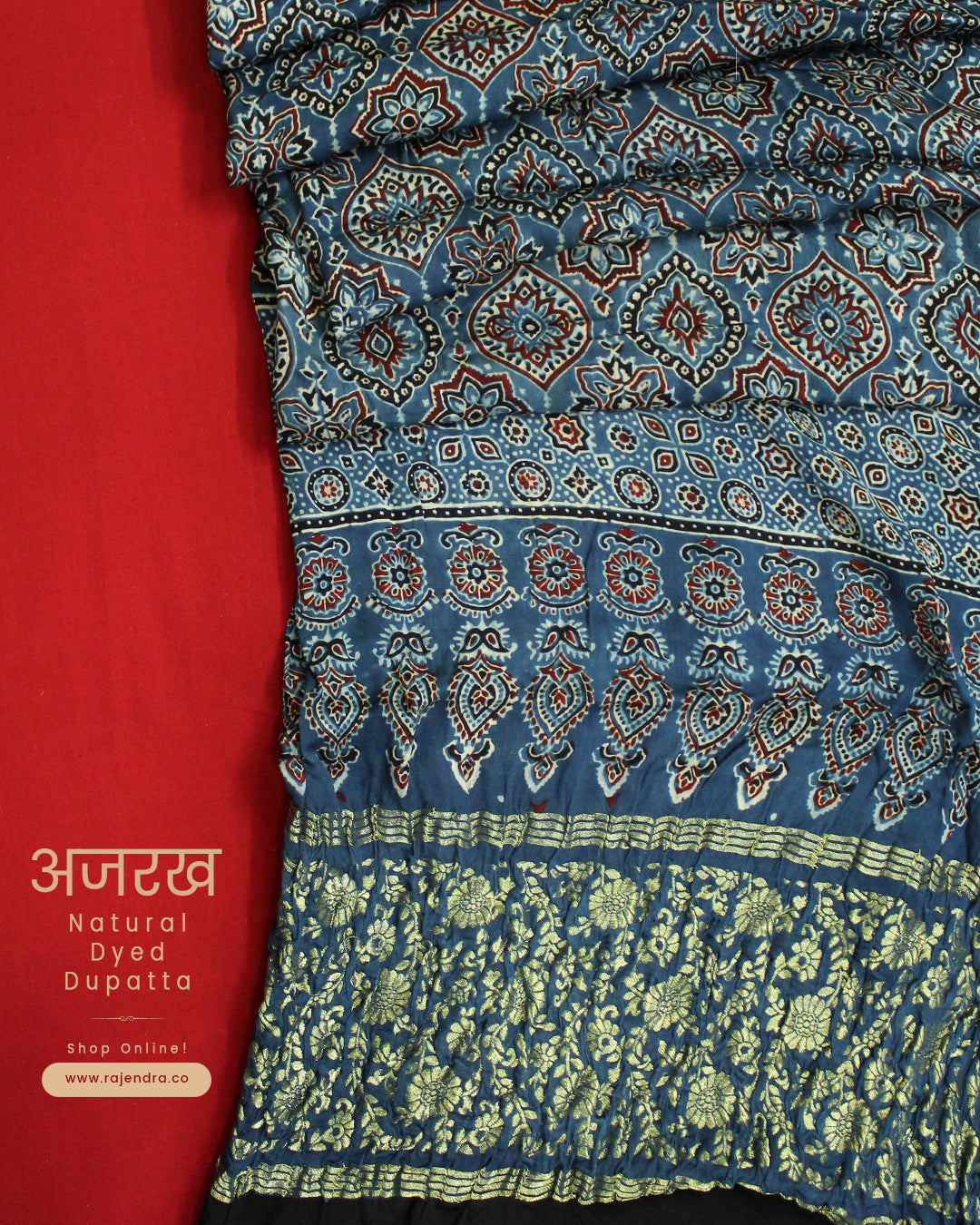 Traditional Indigo Blue Ajrakh Natural Dyed Modal Silk Dupatta