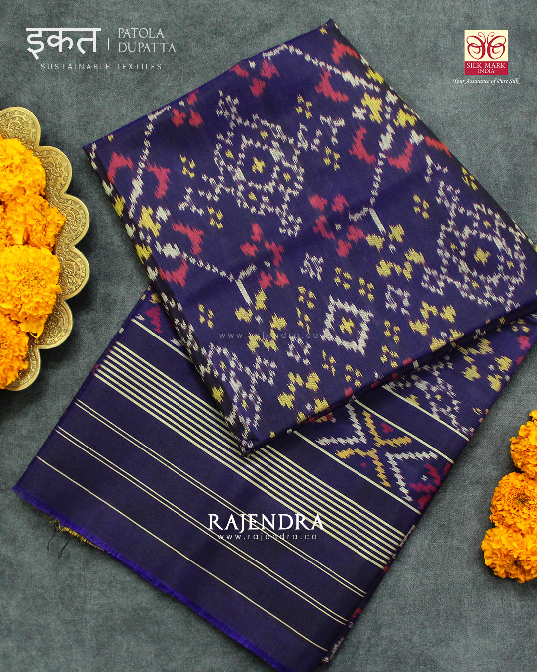Traditional Navratna Design Dark Purple Single Ikat Rajkot Patola Dupatta